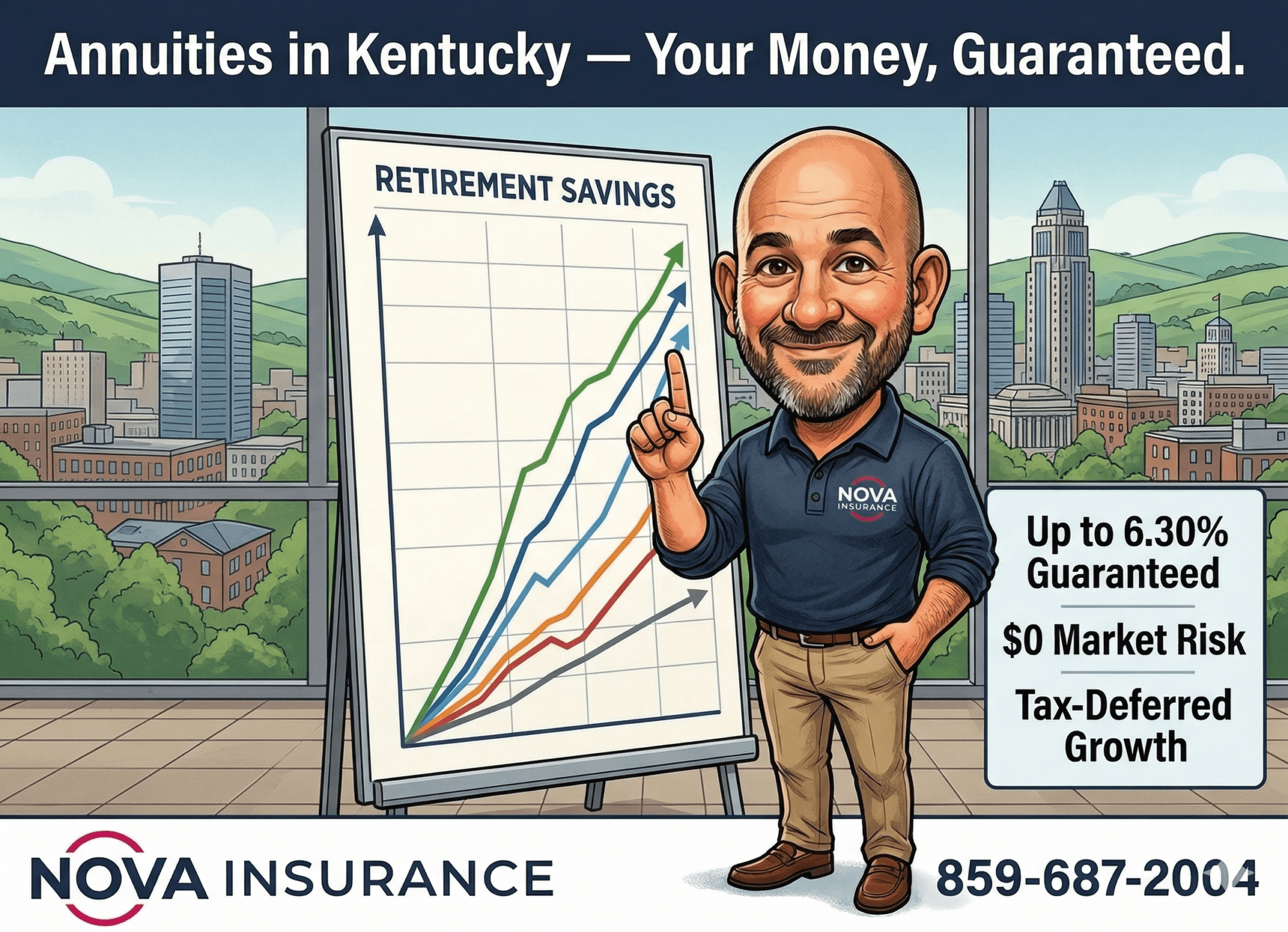 Steve Straub caricature from Nova Insurance Group standing beside a retirement growth chart comparing fixed, indexed, and immediate annuity types with Kentucky-specific rates and stats, Lexington skyline in background.